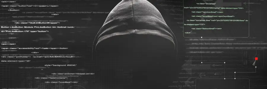 Hooded figure in front of digital code and cybersecurity elements, representing the threat of hackers to businesses.
