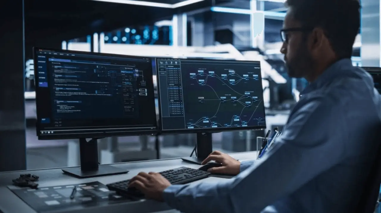 Top 5 IT Challenges for NYC Companies – Managed IT Services, Consulting, and Support for Businesses and Non Profits IT professional analyzing data on dual monitors in a modern workspace, showcasing complex network diagrams and system configurations, relevant to IT challenges faced by NYC companies.