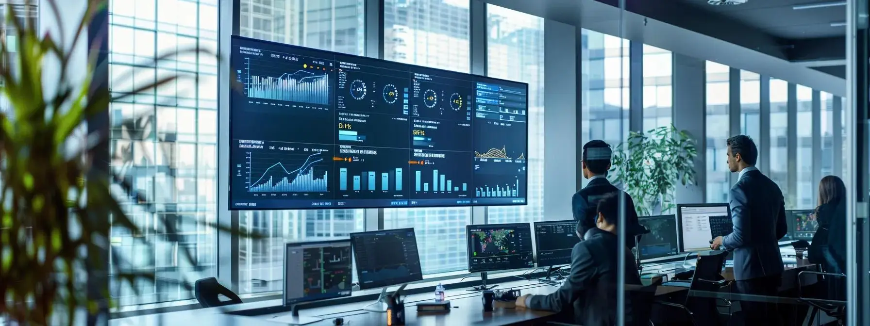 a sleek, modern office environment showcases a dynamic team engaged in a strategic discussion around a high-tech central console displaying cybersecurity analytics, emphasizing the importance of customized security solutions in addressing unique business risks.
