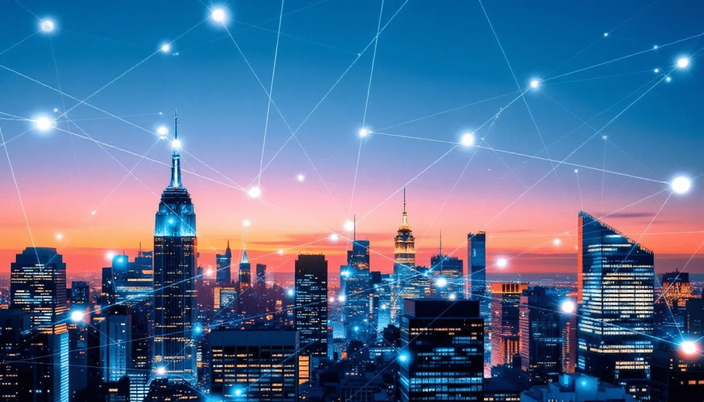 The image depicts the New York City skyline, enhanced with a digital overlay illustrating modern technology and network connections. This representation highlights the role of managed IT services providers in supporting New York City businesses with tailored technology solutions and proactive IT management for operational efficiency.