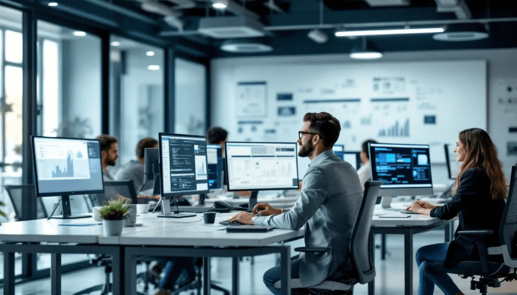 IT professionals collaborating in a modern office environment, each monitoring multiple computer screens displaying network performance data and analytics, representing teamwork in co-managed IT services.